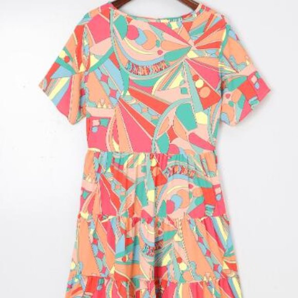 Multicolor Abstract Geometric Print Tassel Tie Flared Dress - Picture 2 of 6